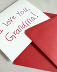 Card with 'I love you, Grandma!' text and a red envelope
i love you grandma letterpress greeting card
grandparent letterpress greeting card
hand lettered letterpress greeting card