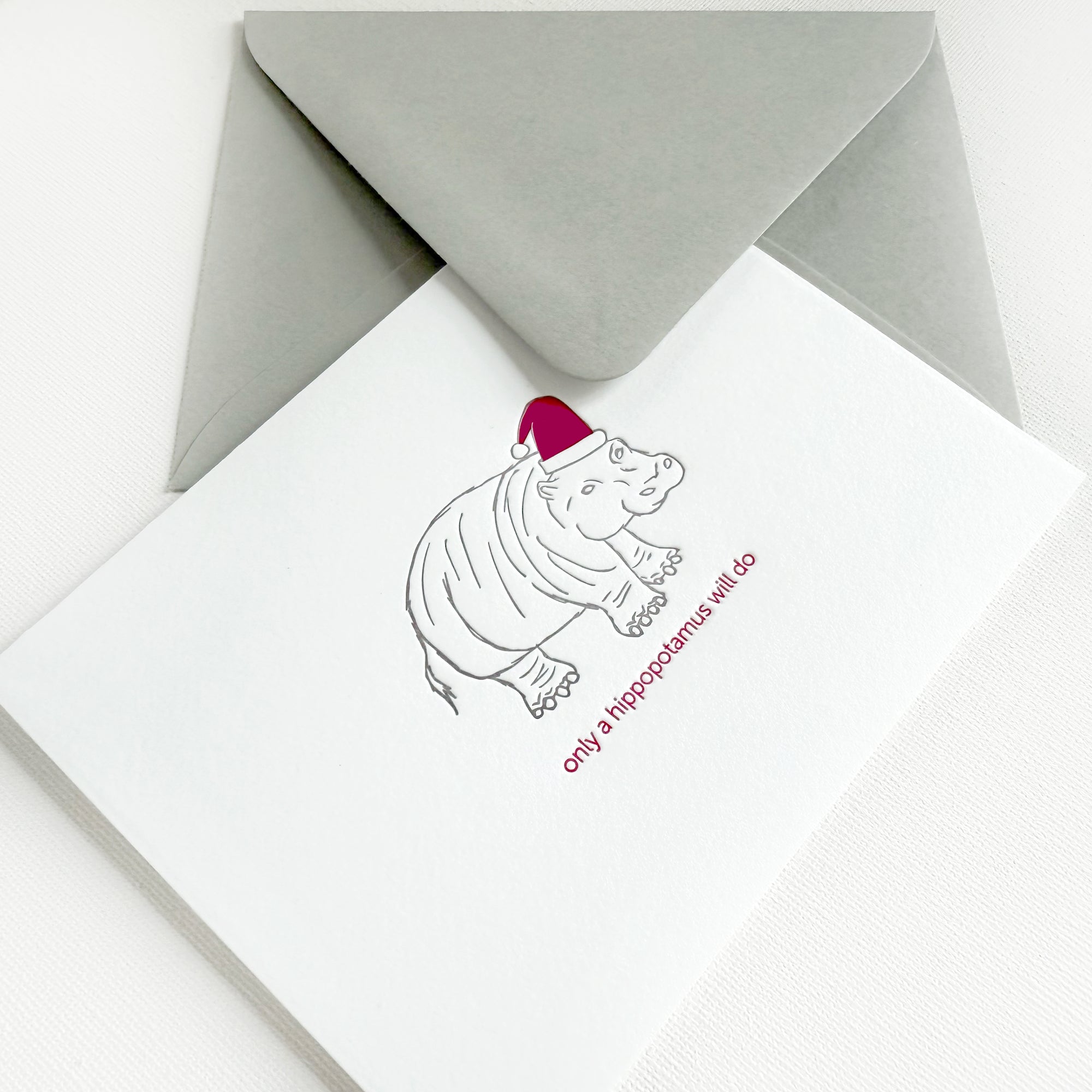hippopotamus holiday card
only a hippopotamus will do 
i want a hippopotamus for christmas
hippo letterpress christmas card