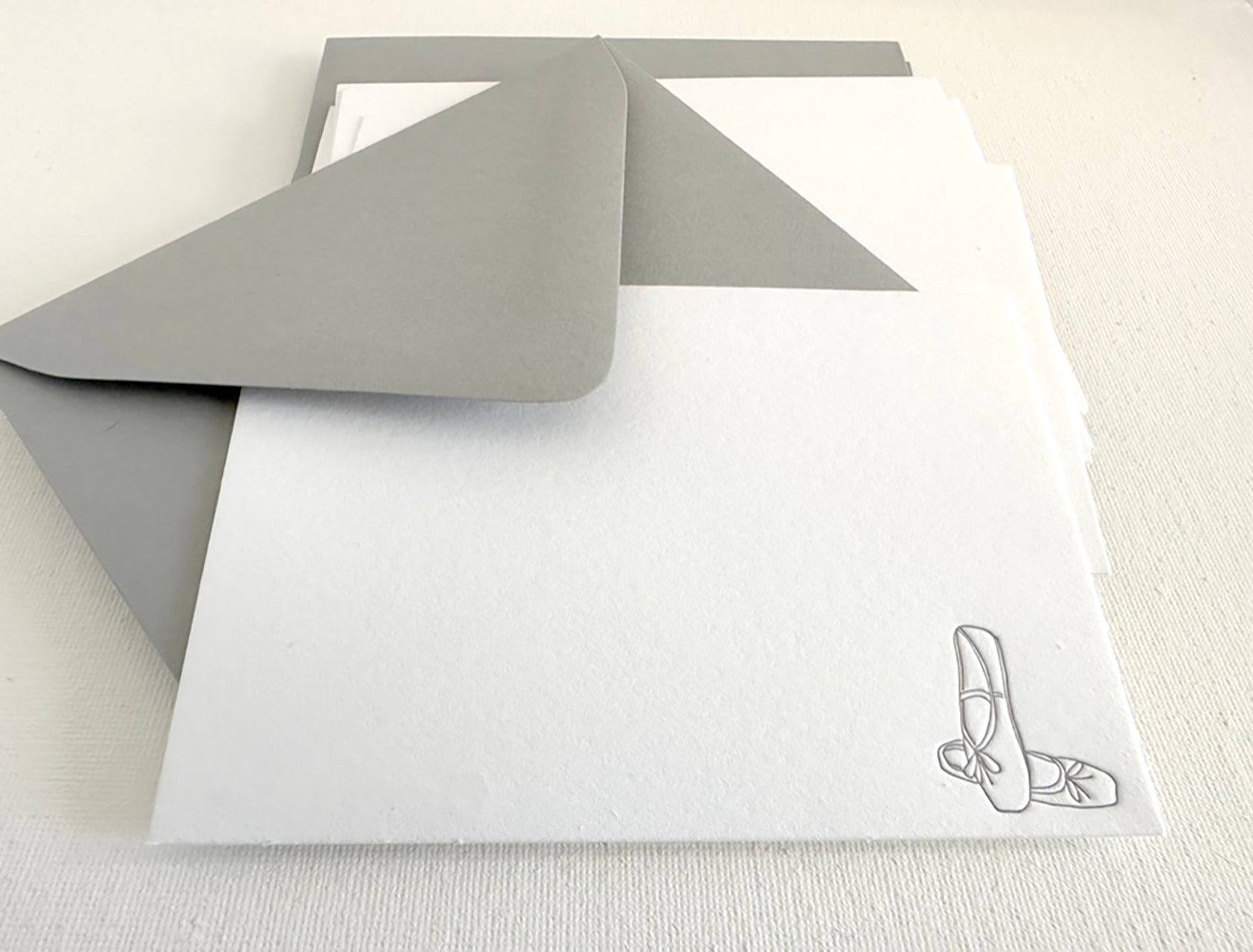 boxed set of letterpress stationery with ballet slippers design
letterpress note cards with ballet slippers design
ballet slippers stationery