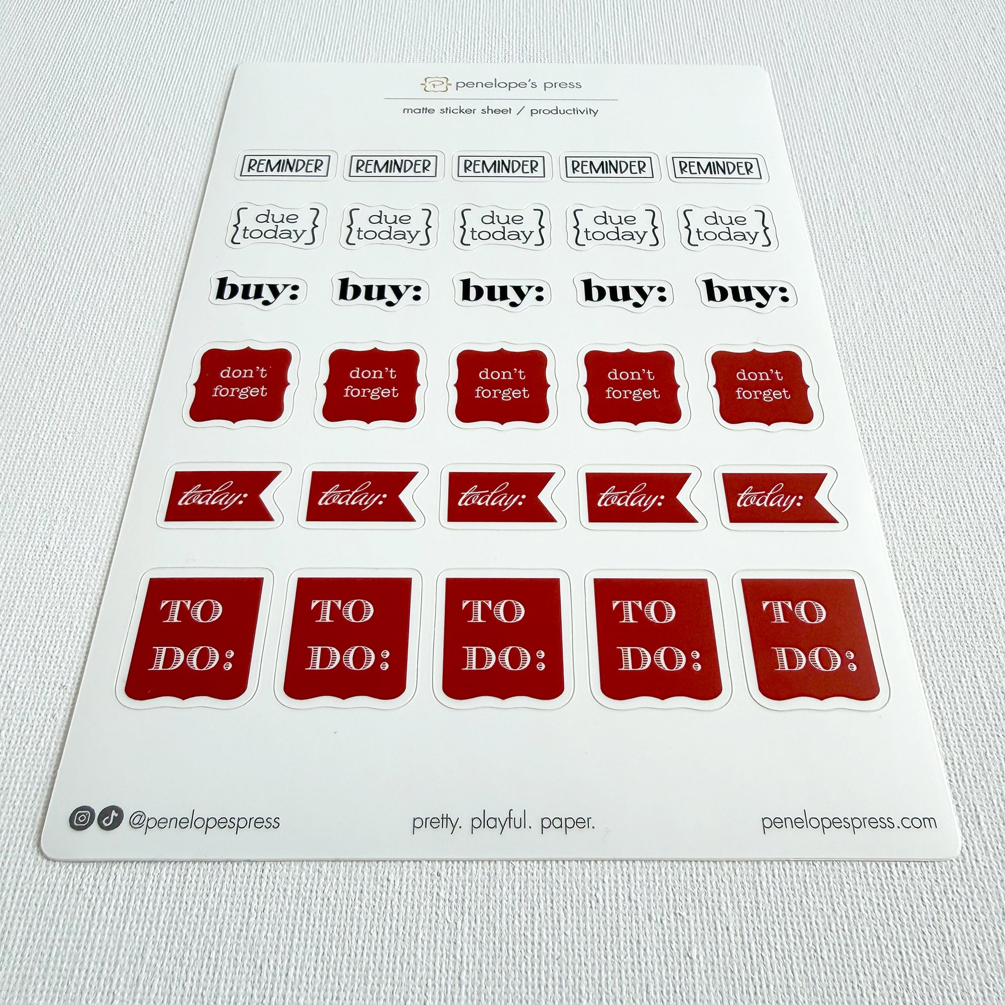 Sheet of planner stickers with various labels including 'buy', 'don't forget', 'due today', and 'to do' on a white background.