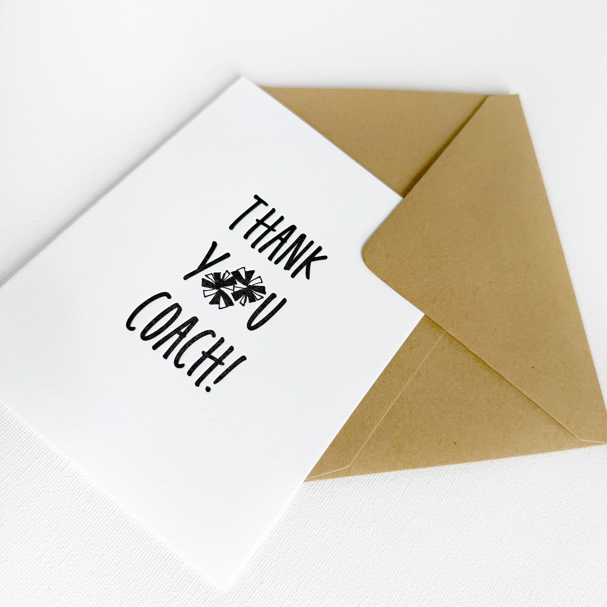 thank you card for cheerleading coach
thank you card for dance team coach
thank you greeting card for cheer coach
thank you card pom poms
thank you letterpress card with pom poms for coach