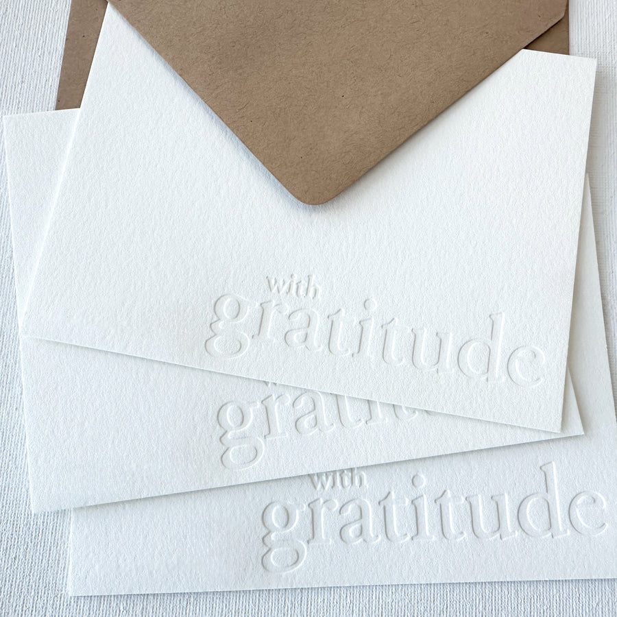 with gratitude blind impression letterpress stationery

with gratitude boxed stationery

with gratitude letterpress