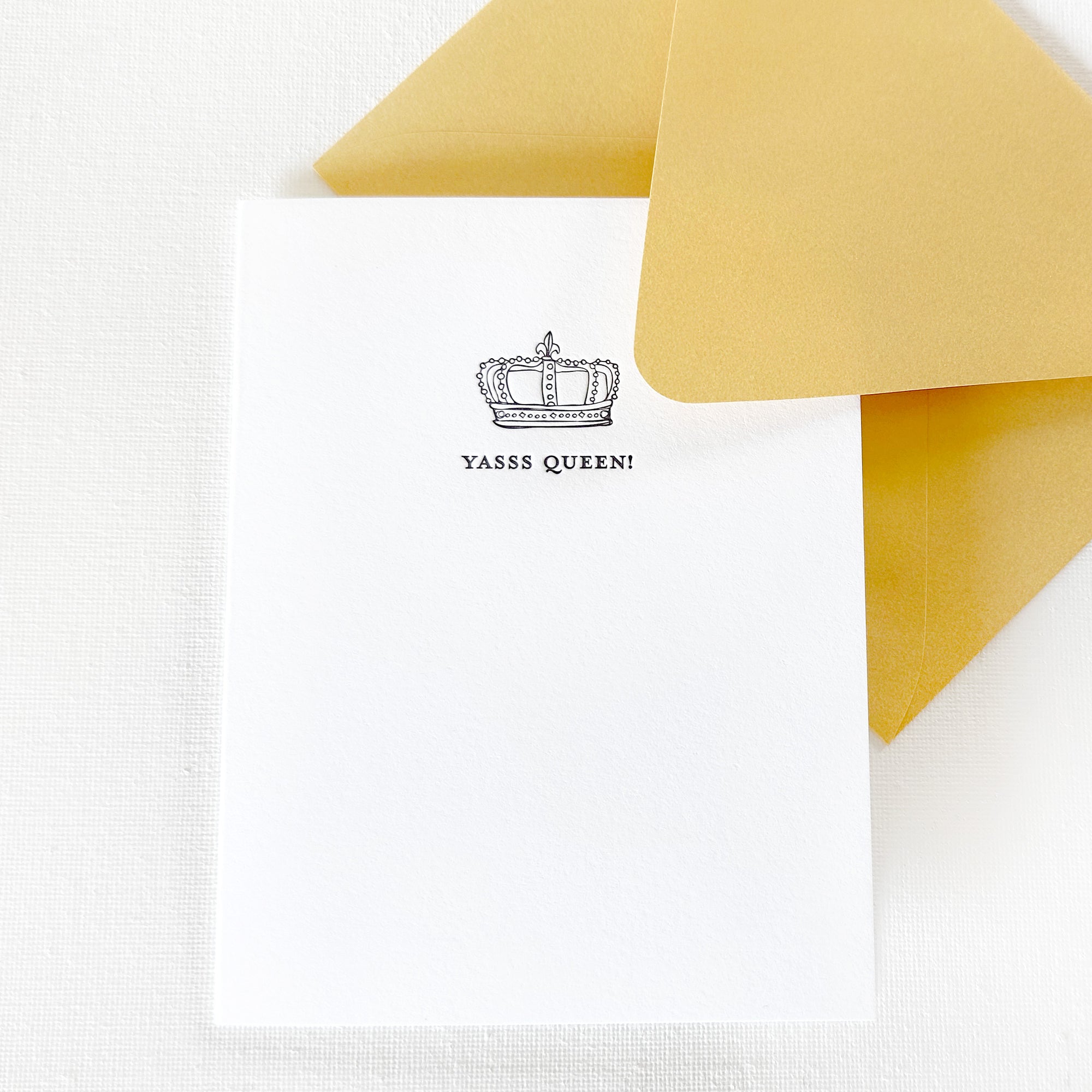 yasss queen card

yes queen

yas queen

queen card

crown card

letterpress queen card

letterpress queen greeting card with gold envelope