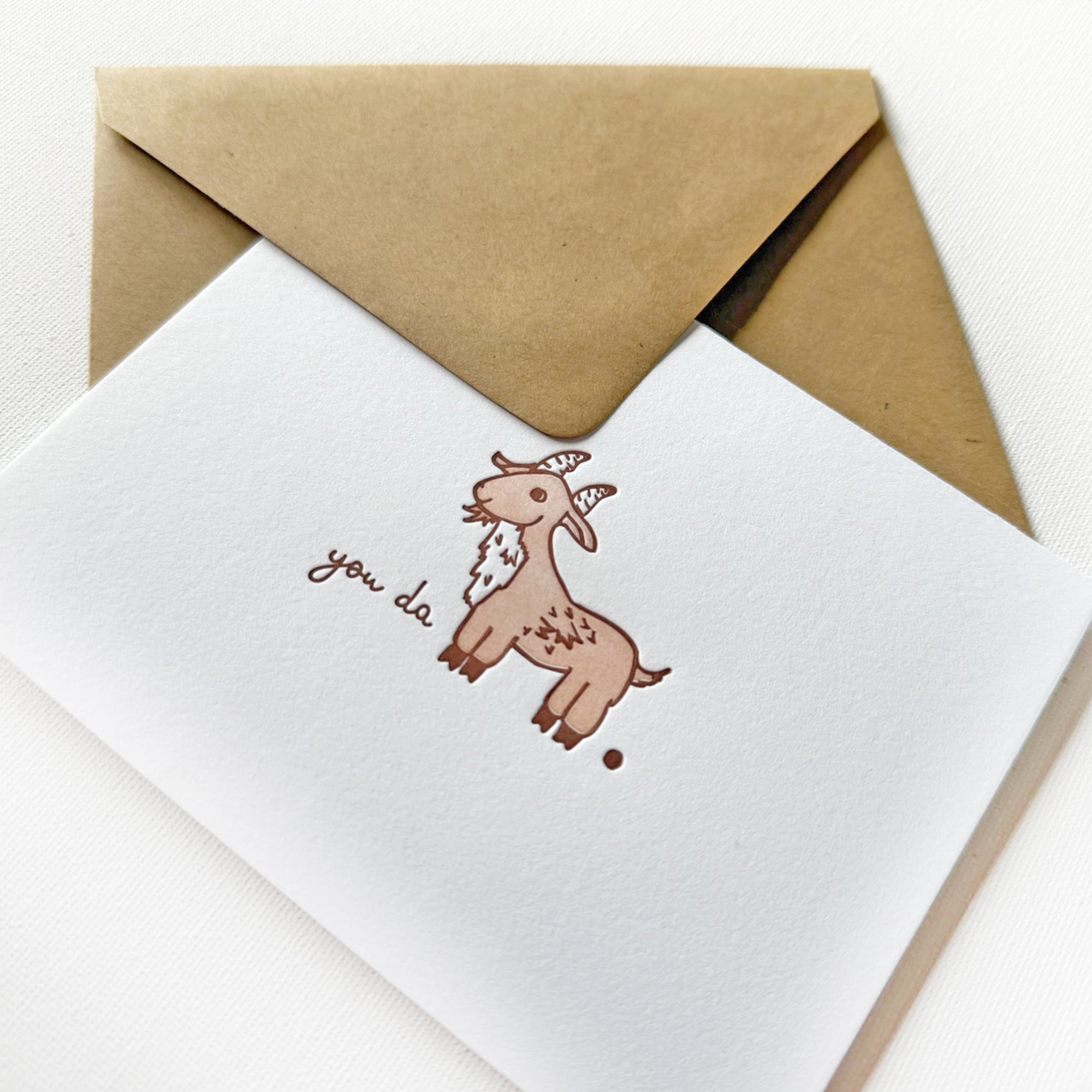 you da goat card

you're the greatest of all time letterpress greeting card with a cute goat hand drawn illustrated and letterpress printed card