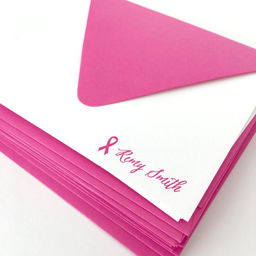 personalized letterpress stationery - breast cancer ribbon script