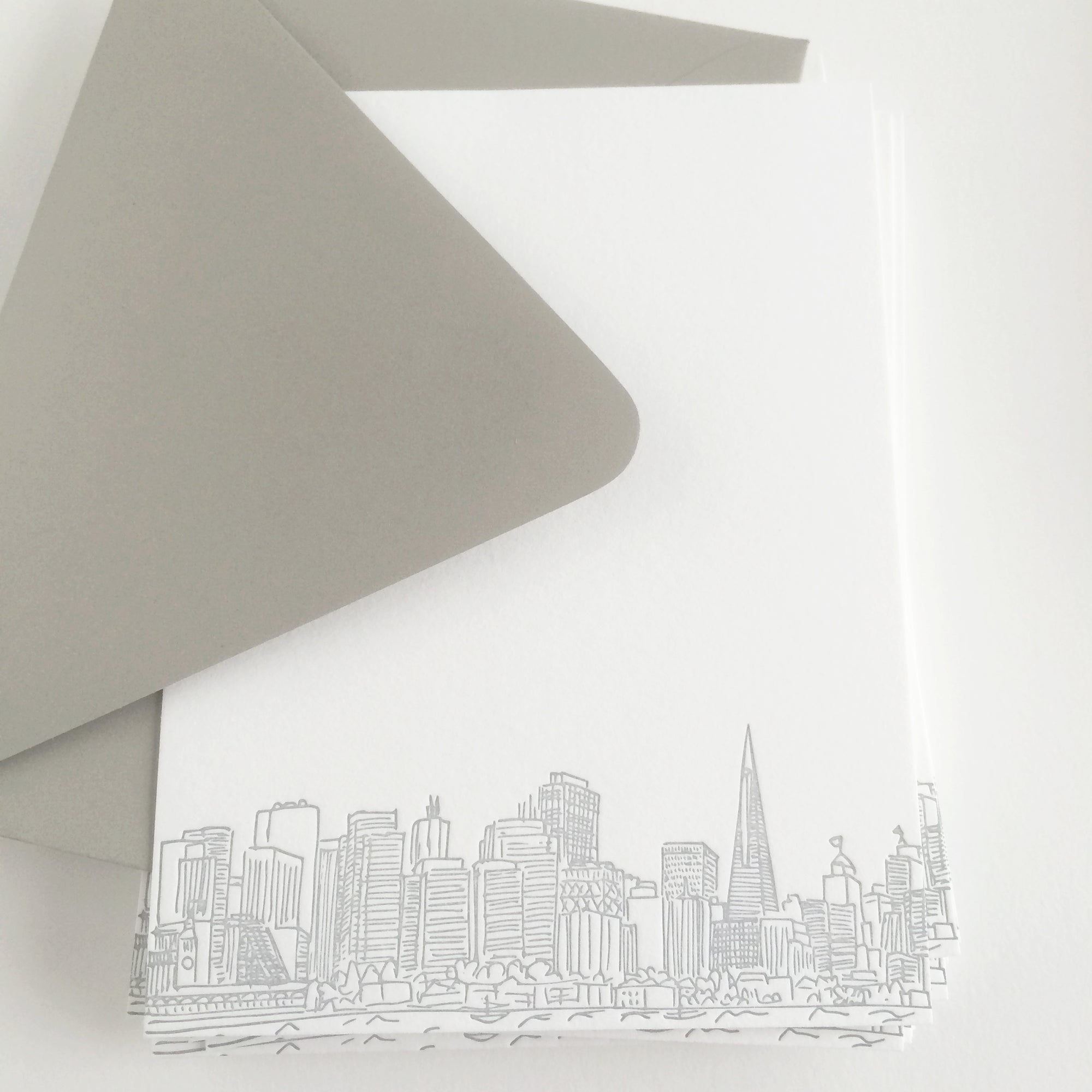 A boxed set of san francisco skyline themed note cards, with a hand-drawn illustration of the city's skyline on the front.  Letterpress printed san francisco note cards